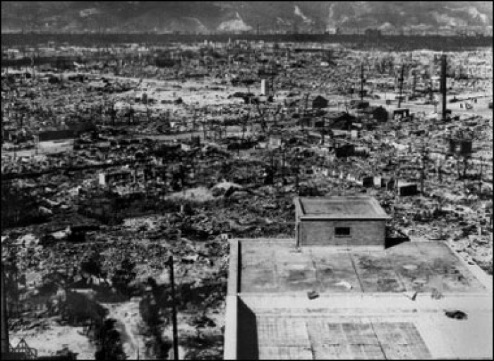 Hiroshima lies devastated in the days after the first atomic bomb was detonated by a US Air Force B-29 above the city. More than half of Hiroshima's population at the time died in the bombing.