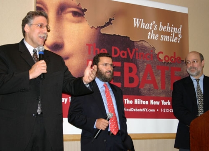 From left to right, Dr. Michael Brown, Rabbi Shmuley Boteach, and Dr. Darrell Bock introduce a debate on 'The Da Vinci Code' that will be simulcasted globally May 15 at 7 p.m. The debate precedes the global movie release of 'The Da Vinci Code' which will