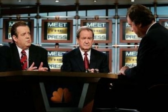 Richard Land (L), president of the Ethics and Religious Liberty Commission of the Southern Baptist Convention, speaks as former presidential candidate Pat Buchanan and moderator Tim Russert (R) listen on NBC's 'Meet the Press' during a taping at the NBC studios in Washington, D.C. October 9, 2005. Buchanan and Land debated whether U.S. President George W. Bush's pick of Harriet Miers for the Supreme Court is the right choice. (Photo: Reuters / Alex Wong / Meet the Press / Handout)