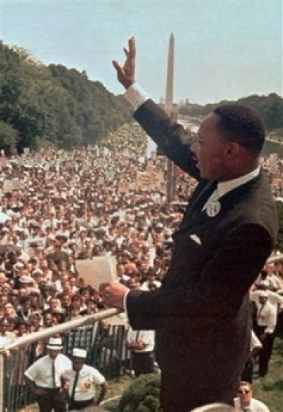 The Rev. Martin Luther King Jr. acknowledges the crowd at the Lincoln Memorial for his 'I Have a Dream' speech during the March on Washington in this Aug. 28, 1963 file photo. 
