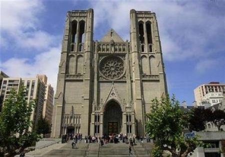 Clergy and laypeople stand outside Grace Cathedral the central church of the Episcopal Diocese of California in San Francisco May 6, 2006. 