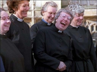 Women Deacons laugh as they arrive at Bristol Cathedral. The Church of England has come out in favour of consecrating women bishops, saying it was 'theologically justified.'