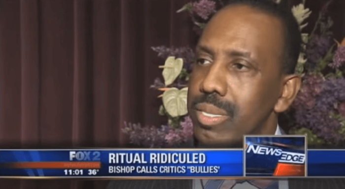 Bishop Wayne T. Jackson of Detroit, Michigan, responding in a Fox 2 interview from 2013 to claims that an ordination ritual he performed was sexually charged.
