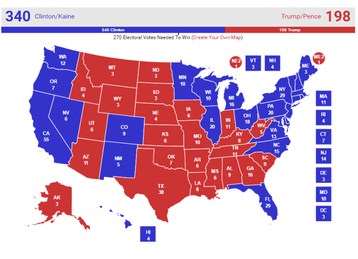 The Real Clear Politics 'no toss up' electoral predication map for the 2016 presidential election, as seen on Monday, September 5, 2016.