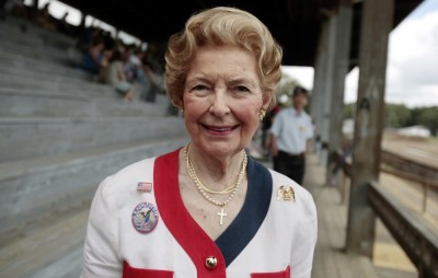 Conservative political activist Phyllis Schlafly poses for a photo after addressing Tea Party members during a Tea Party Political Fair in Charlotte, Michigan July 24, 2010.