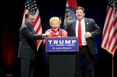 Conservative activist Phyllis Schlafly introduces U.S. Republican presidential candidate Donald Trump at the Peabody Opera House in St. Louis, Missouri, March 11, 2016.