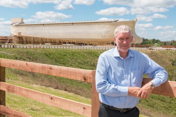 Ken Ham in front of the Ark Encounter theme park that opened in Williamstown, Kentucky on July 7, 2016.