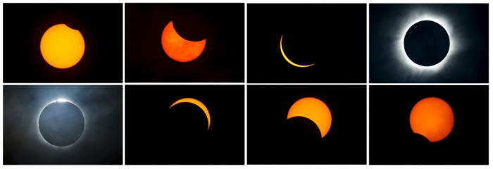 A combination photograph shows the beginning to the end (top L to bottom R) of a total solar eclipse as seen from the beach of Ternate island, Indonesia, March 9, 2016.