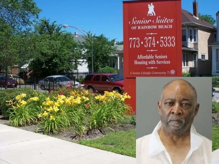 The Senior Suites of Rainbow Beach in Chicago, Illinois and alleged killer, Pastor Ted Merchant, 67 (inset).