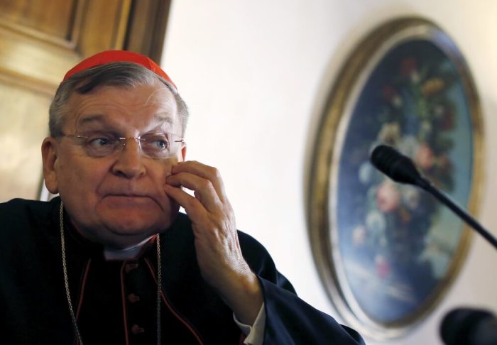 Cardinal Raymond Leo Burke of the U.S. attends a news conference by the conservative Catholic group 'Voice of the Family' in Rome, Italy, October 15, 2015. The group has appealed to a synod of bishops taking place at the Vatican to defend the traditional family, staunchly opposing any changes in church law regarding divorced Catholics and homosexuals.