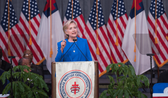 Democratic presidential nominee Hillary Rodham Clinton giving a speech before the National Baptist Convention, USA, Inc. in Kansas City, Missouri on Thursday, September 8, 2016.