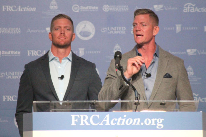 David (L) and Jason (R) Benham speak at the Family Research Council's Values Voters Summit in Washington, D.C. on Sept. 9, 2016.