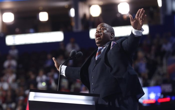 Pastor Mark Burns, one of Donald Trump's most enthusiastic supporters, speaks during the final day of the Republican National Convention in Cleveland, Ohio, on July 21, 2016.