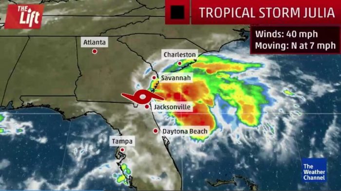 Tropical Storm Julia bringing heavy rain on September 14, 2014 to the northeast coast of Florida and southeast Georgia.