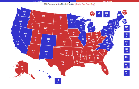 Real Clear Politics "no toss-up" map predicting the results of 2016 presidential election. Accessed September 19, 2016.