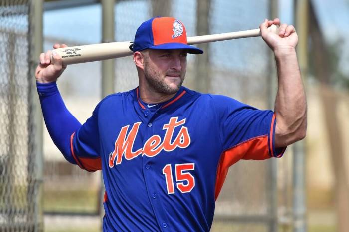 New York Mets outfielder Tim Tebow (15) looks on during his workout at the Mets Minor League Complex, in Port St. Lucie, Florida, September 19, 2016.