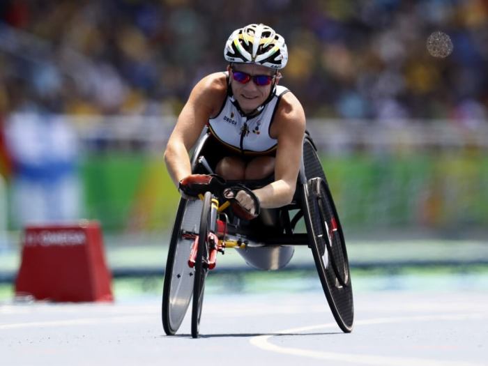 Marieke Vervoort of Belgium celebrates winning the bronze medal in the event in the 2016 Rio Paralympics women's 100m T52 final at Olympic Stadium in Rio de Janeiro, Brazil, September 17, 2016.