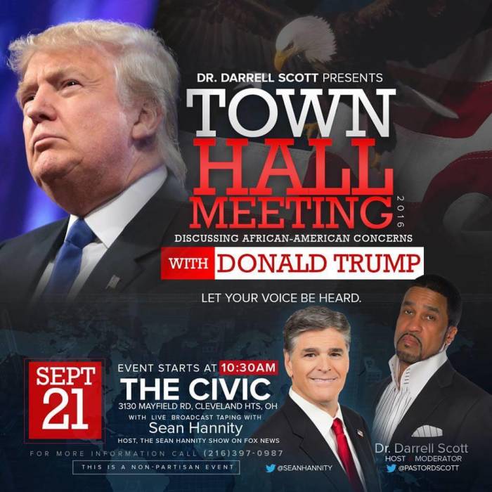 The flyer for Donald Trump's Town Hall style meeting to discuss African-American concerns at the New Spirit Revival Center in Cleveland on Wednesday September 21, 2016.