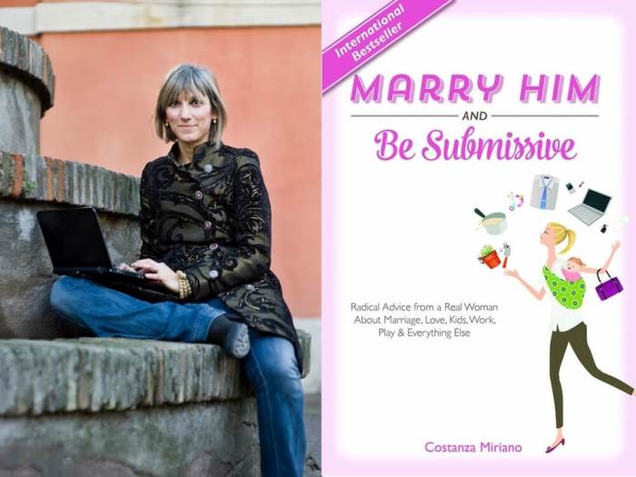 Italian writer Costanza Miriano (L) and the cover of her bestselling book 'Marry Him and Be Submissive' (R).