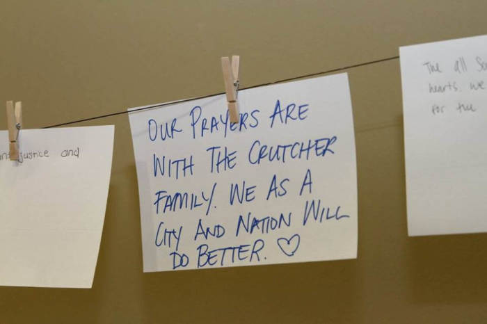 One of scores of notes left by well-wishers at the vigil for Terence Crutcher held at the Metropolitan Baptist Church on Wednesday September 21, 2016.