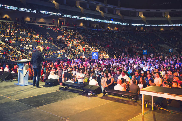 Pastor Greg Laurie delivers Gospel message to 4,000 people at Infinite Energy Arena in Atlanta, Georgia on Friday, Sept. 23, 2016, for Harvest Atlanta.