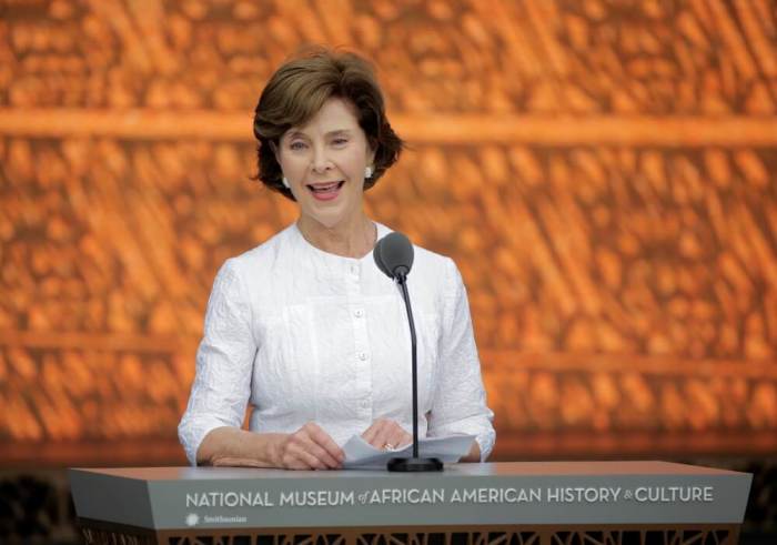 Former U.S. first lady Laura Bush speaks at the dedication of the Smithsonian’s National Museum of African American History and Culture in Washington, U.S., September 24, 2016.