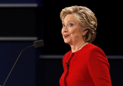 Democratic U.S. presidential nominee Hillary Clinton speaks during the first presidential debate with Republican U.S. presidential nominee Donald Trump at Hofstra University in Hempstead, New York, U.S., September 26, 2016.