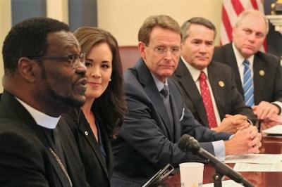 Bishop Harry Jackson (L) speaks at a press conference in the U.S. Capitol in Washington, D.C. on September 28, 2016.