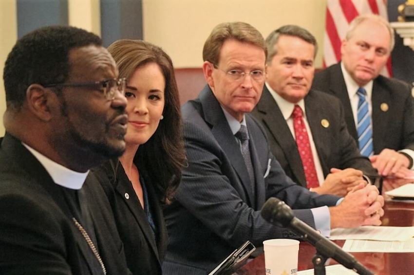 Bishop Harry Jackson (R) speaks at a press conference in the U.S. Capitol in Washington, D.C. on September 28, 2016.