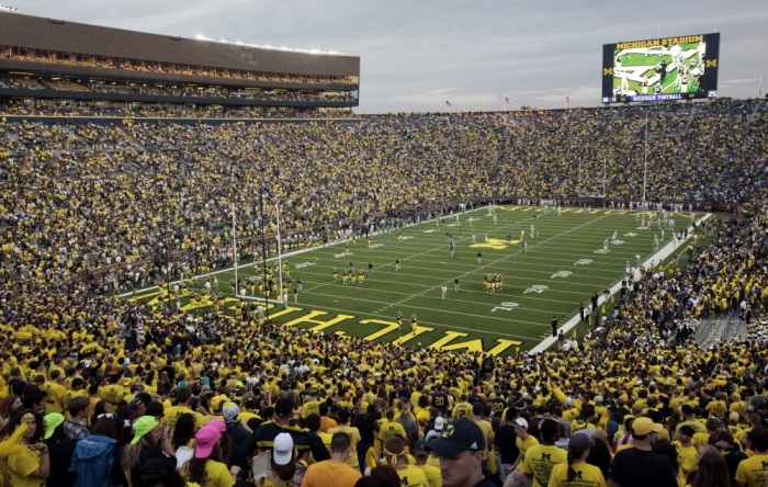 Michigan Stadium is seen before the start of the NCAA college football game between University of Michigan and Notre Dame in Ann Arbor, Michigan September 10, 2011. Both teams wore throw back jerseys during the first night game in the history of Michigan Stadium.