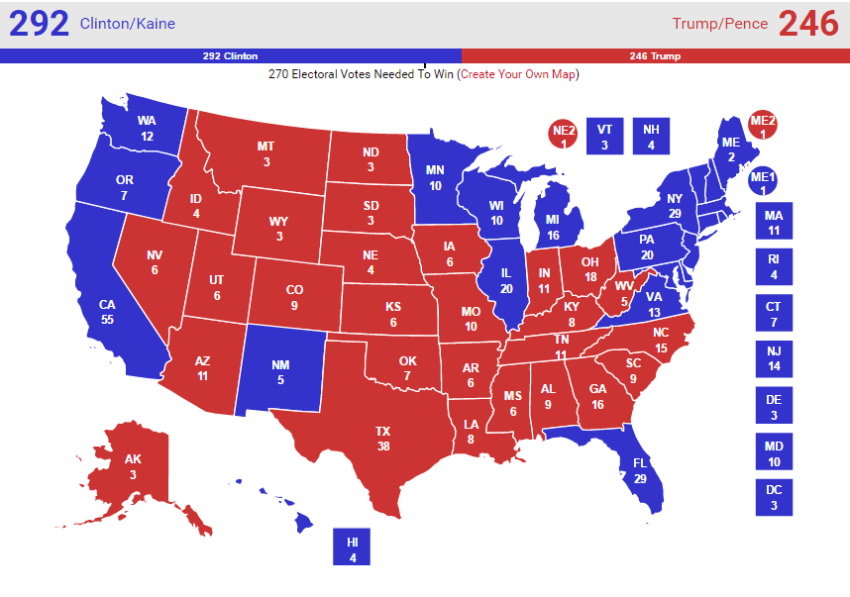 The "no toss ups" map by Real Clear Politics, accessed Monday, October 3, 2016.
