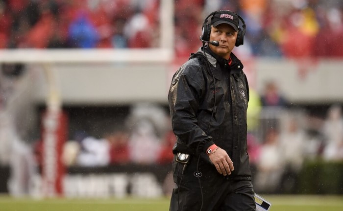 Mark Richt, former head football coach of the University of Georgia, looks on during the second quarter against the Alabama Crimson Tide at Sanford Stadium on Oct. 3, 2015.