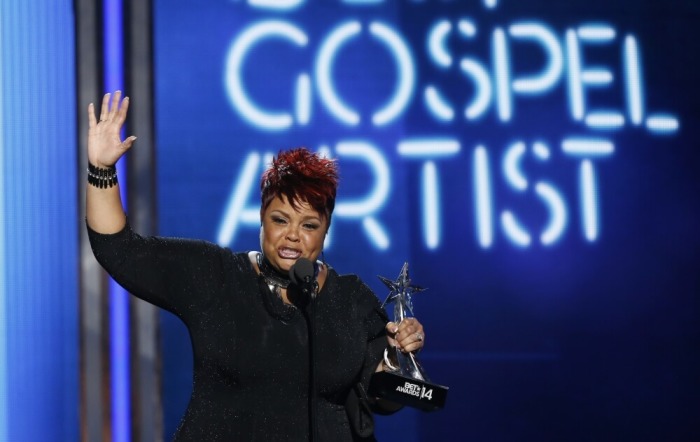 Tamela Mann accepts the award for best gospel artist during the 2014 BET Awards in Los Angeles, California, June 29, 2014.