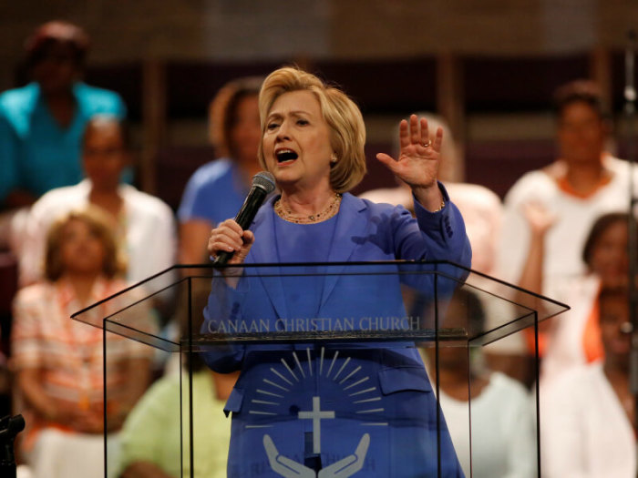 Former Secretary of State Hillary Clinton, a lifelong Methodist, speaks at a church on May 15, 2016, during her presidential campaign.