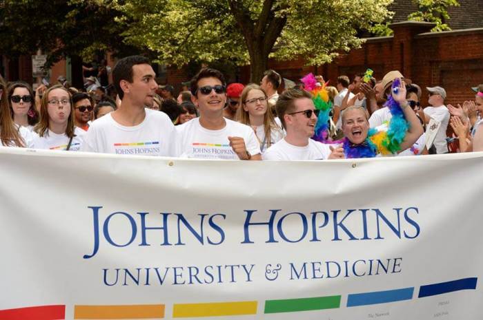 Johns Hopkins employees and students participate in the Baltimore Gay Pride Parade in 2015.