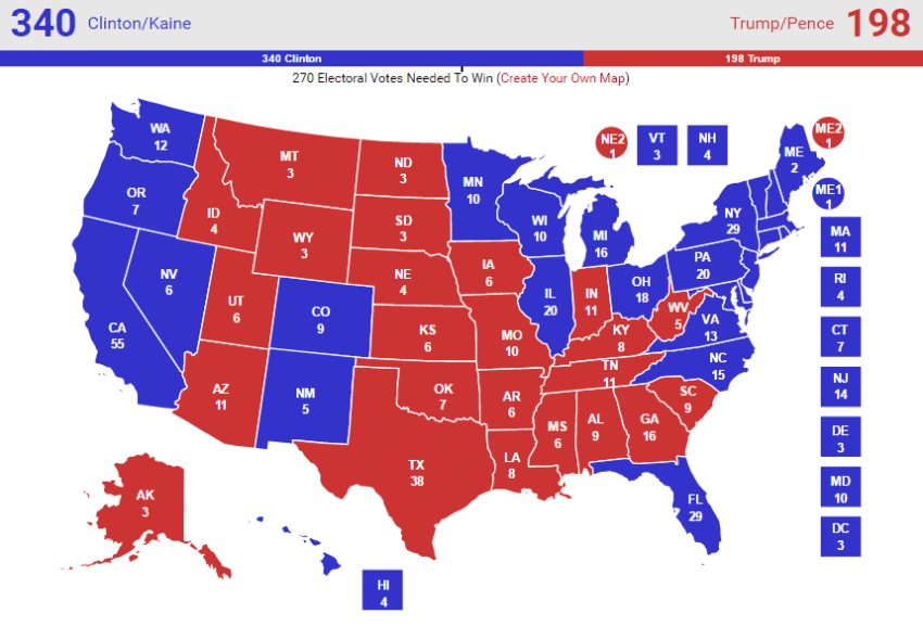 The "no toss-ups" map of Real Clear Politics for the presidential election, accessed October 13, 2016.