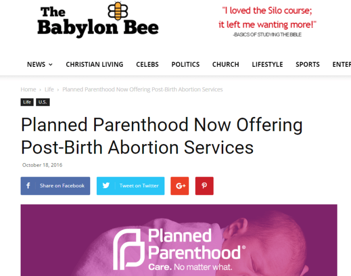 Christian satire website Babylon Bee article on Planned Parenthood.
