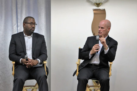 Bryan Carter, senior pastor of Concord Church Dallas in Dallas, Texas (L) and Jeff Warren (R), senior pastor of Park Cities Baptist Church also in Dallas, Texas, speak at the "National Discussion on Race" at the Bethel Gospel Assembly in New York City on Monday October 24, 2016.