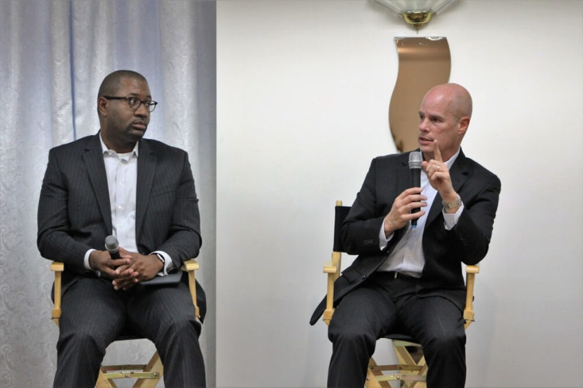 Bryan Carter, senior pastor of Concord Church Dallas in Dallas, Texas (L) and Jeff Warren (R), senior pastor of Park Cities Baptist Church also in Dallas, Texas, speak at the "National Discussion on Race" at the Bethel Gospel Assembly in New York City on Monday October 24, 2016.