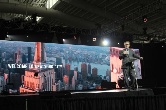 The Rev. Dr. McKenzie 'Mac' Pier, founder and CEO of The New York Leadership Center welcomes attendees at the Jacob Javits Center in Manhattan, New York on Tuesday October 25, 2016 on the opening day of Movement Day Global Cities.