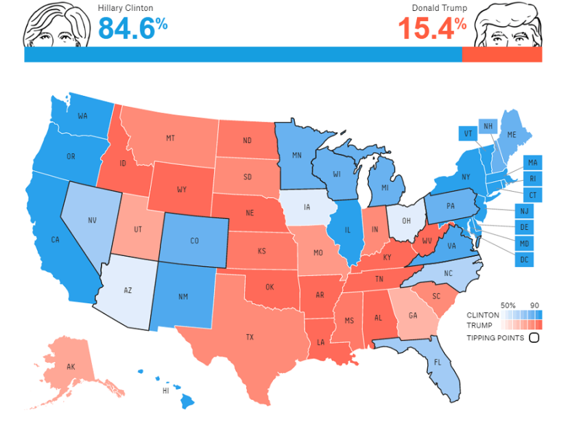 The FiveThirtyEight election prediction map, accessed October 26, 2016.