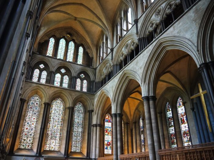 The inside of Salisbury Cathedral, an Anglican Cathedral in Salisbury, England.