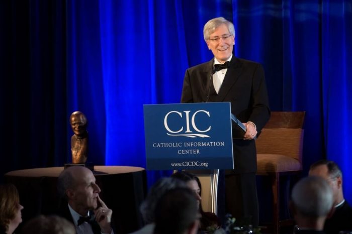 Princeton University law professor Robert P. George acts as the master or ceremonies for the Catholic Information Center's dinner honoring late Supreme Court Justice Antonin Scalia as the winner of the John Paul II New Evangelization Award in Washington, D.C. on Oct. 26, 2016.
