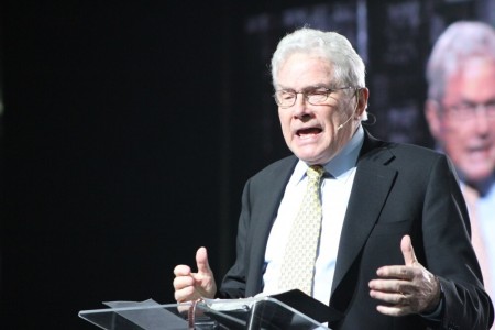 Renowned international evangelist, Luis Palau ribs gospel singer Kirk Franklin at the "Movement Day Global Cities" conference at the Jacob Javits Center in New York City on Thursday, October 27, 2016.