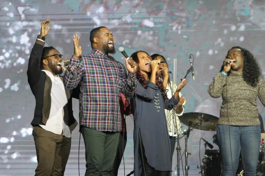 Singers minister at the closing ceremony of the "Movement Day Global Cities" conference at the Jacob Javits Center in New York City on Thursday, October 27, 2016.