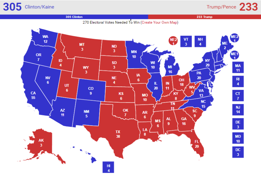 A "no toss-ups" map of the presidential election by Real Clear Politics, accessed Tuesday, November 1, 2016.