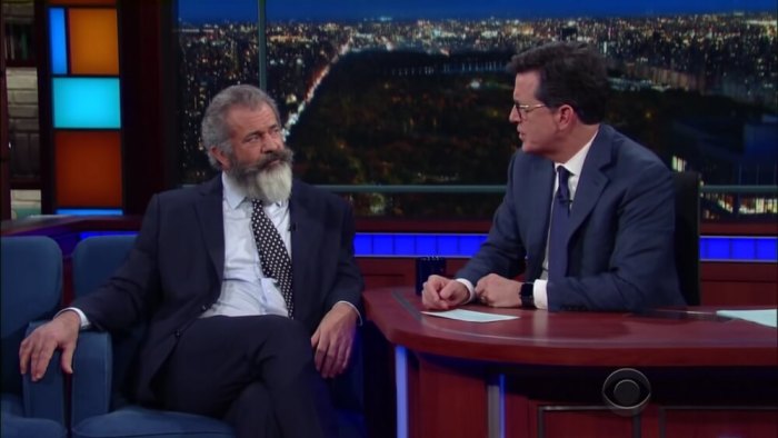 Mel Gibson (R) and Stephen Colbert (L)on 'The Late Show' in a video posted on November 2, 2016.