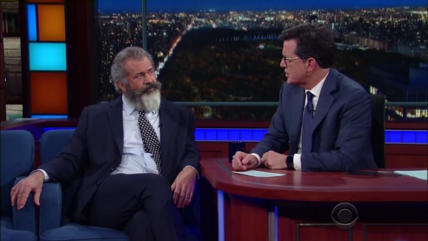 Mel Gibson (R) and Stephen Colbert (L)on "The Late Show" in a video posted on November 2, 2016.
