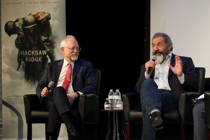 Pulitzer Prize winning screenwriter Robert Schenkkan (L) and actor-director Mel Gibson (R) discuss their new film, 'Hacksaw Ridge' at The Sheen Center in New York City on Wednesday November 2, 2016.