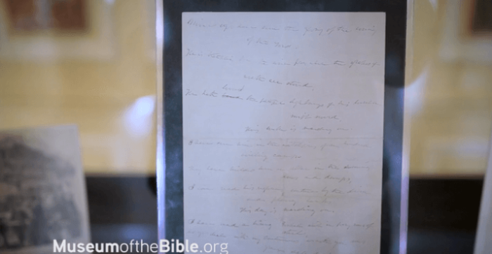 A photo of the original manuscript of the historic song written by Julia Ward Howe, 'Battle Hymn of the Republic.' The song was penned during America's Civil War. June 16, 1908.